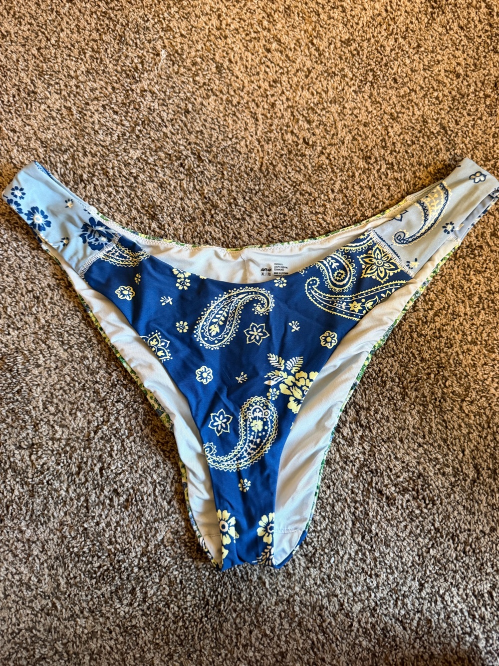 aerie Navy Paisley Bikini Bottom with Yellow Accents
